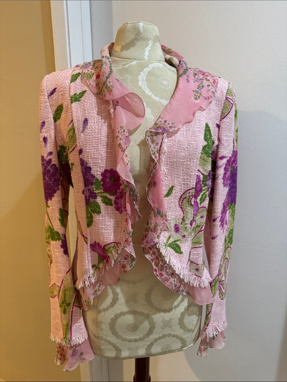 Emanuel Ungaro Vtg Floral Pastel Pink Cotton Linen Silk Cropped Blazer Italy 36